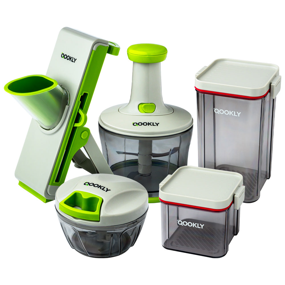 Zestaw kompletny QOOKLY -  Ręczny siekacz + siekacz wielofunkcyjny + mandolina + pojemnik 600 ml + pojemnik 1240 ml