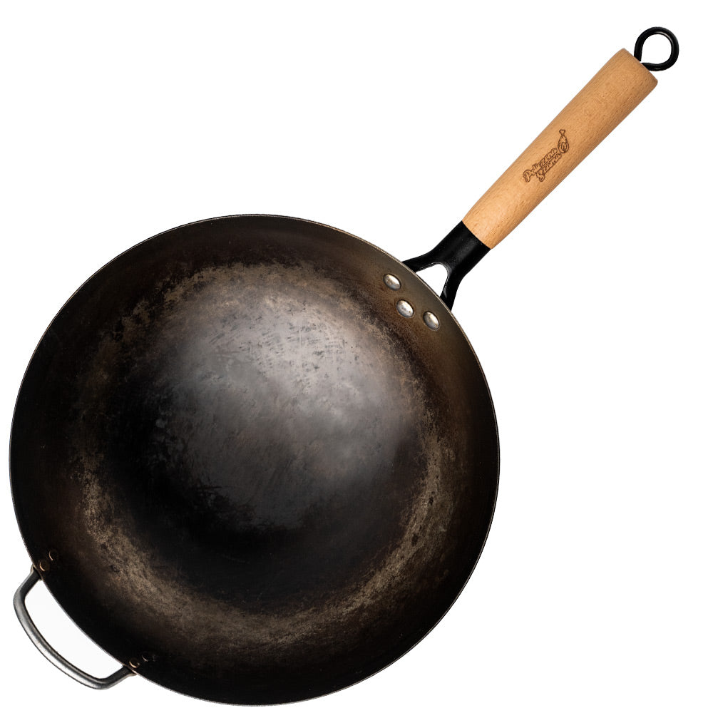 WOK ze stali węglowej - oryginalny ręcznie kuty - 32 cm